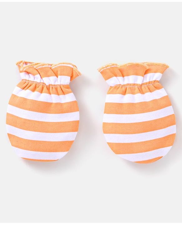 Babyhug 100% Cotton Striped Mittens & Booties Set - Orange