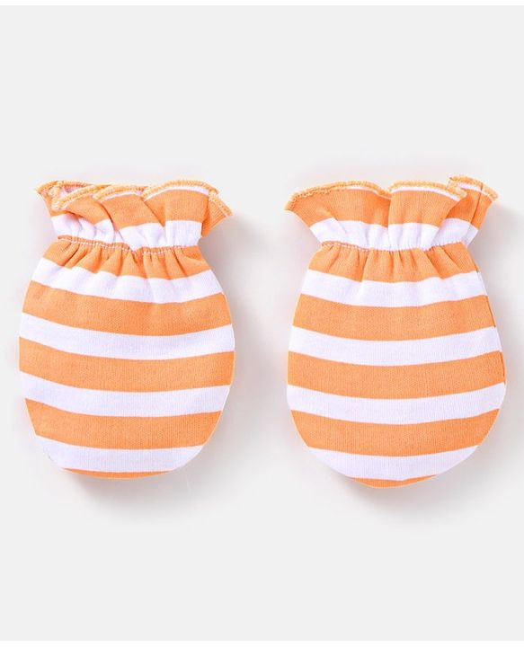 Babyhug 100% Cotton Striped Mittens & Booties Set - Orange