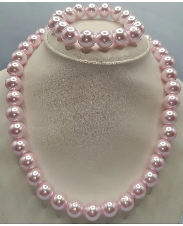 Little Blossom Glossy Finish Pearl Necklace Bracelet Set Baby Pink