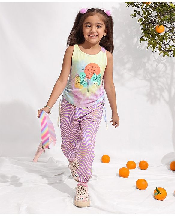 Pine Kids 100% Cotton Knit Sleeveless Bio Washed T-Shirt Tie-Dye & Leaves Print - Snow White