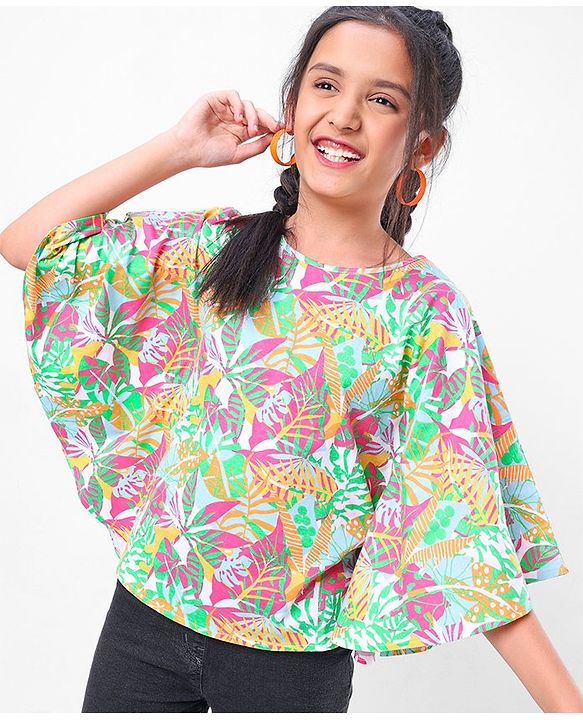 Pine Kids 100% Cotton Half Sleeves Kaftan Style Top Leaves Print - Multicolour