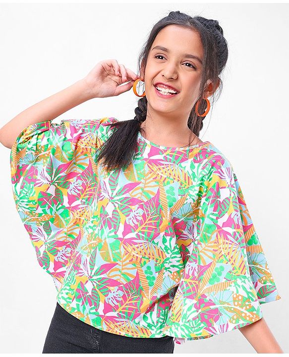 Pine Kids 100% Cotton Half Sleeves Kaftan Style Top Leaves Print - Multicolour