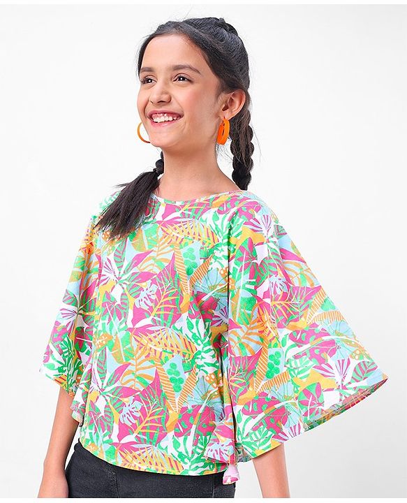 Pine Kids 100% Cotton Half Sleeves Kaftan Style Top Leaves Print - Multicolour