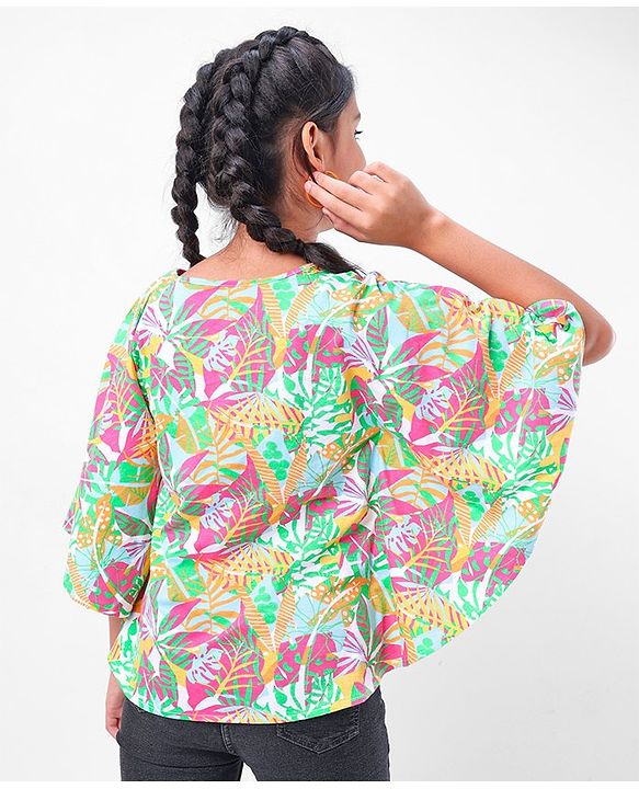 Pine Kids 100% Cotton Half Sleeves Kaftan Style Top Leaves Print - Multicolour