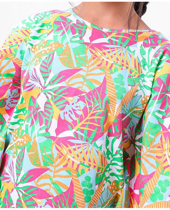 Pine Kids 100% Cotton Half Sleeves Kaftan Style Top Leaves Print - Multicolour