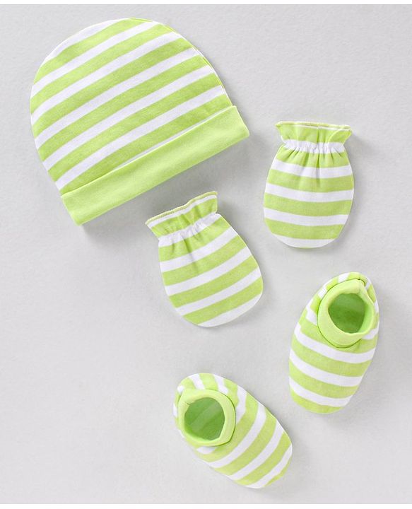 Babyhug 100% Cotton Striped Cap Mittens & Booties - Cap Diameter 10 cm