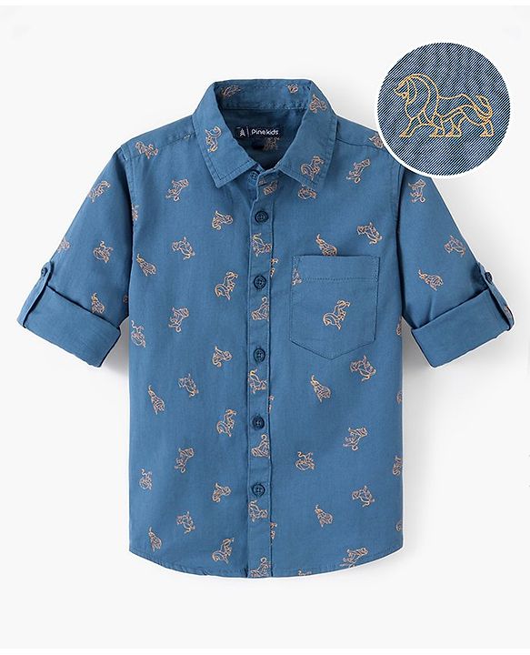 Pine Kids Full Sleeves Shirts Lion Print - Navy Blue