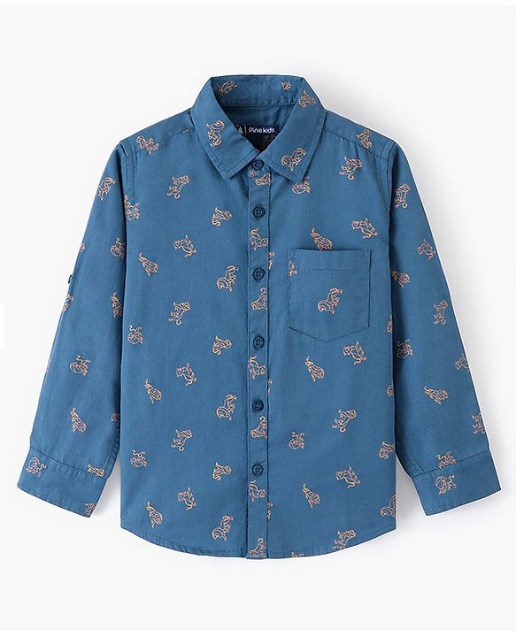 Pine Kids Full Sleeves Shirts Lion Print - Navy Blue