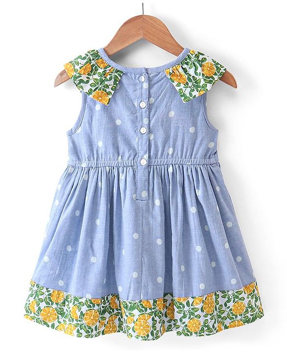 Babyhug Cotton Woven Sleeveless Frock With Dots Print & Bow Applique - Blue