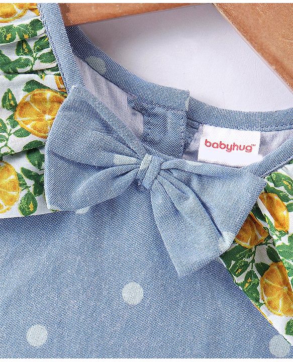 Babyhug Cotton Woven Sleeveless Frock With Dots Print & Bow Applique - Blue