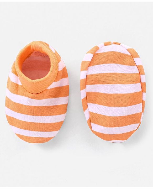 Babyhug 100% Cotton Cap Mittens And Booties Set Stripes Pattern Orange - Diameter 10 cm