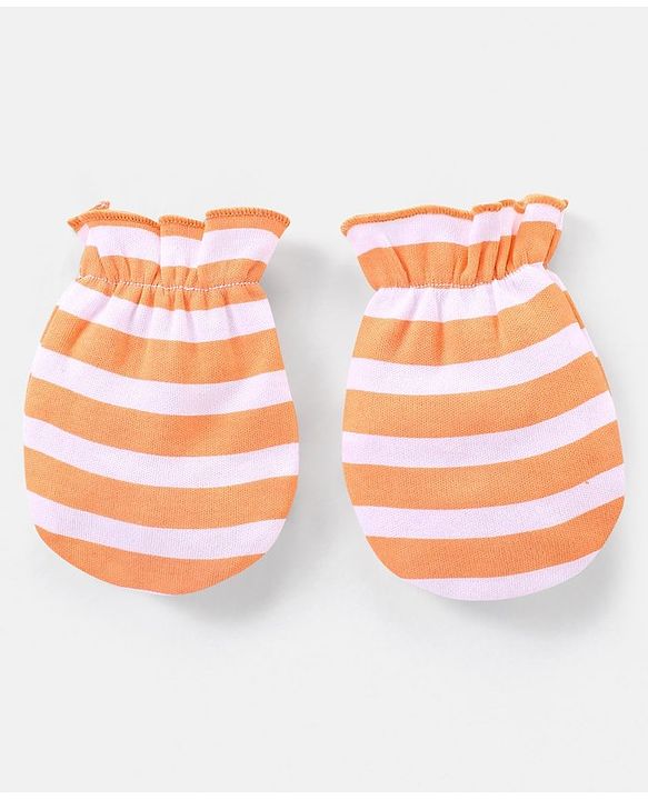 Babyhug 100% Cotton Cap Mittens And Booties Set Stripes Pattern Orange - Diameter 10 cm