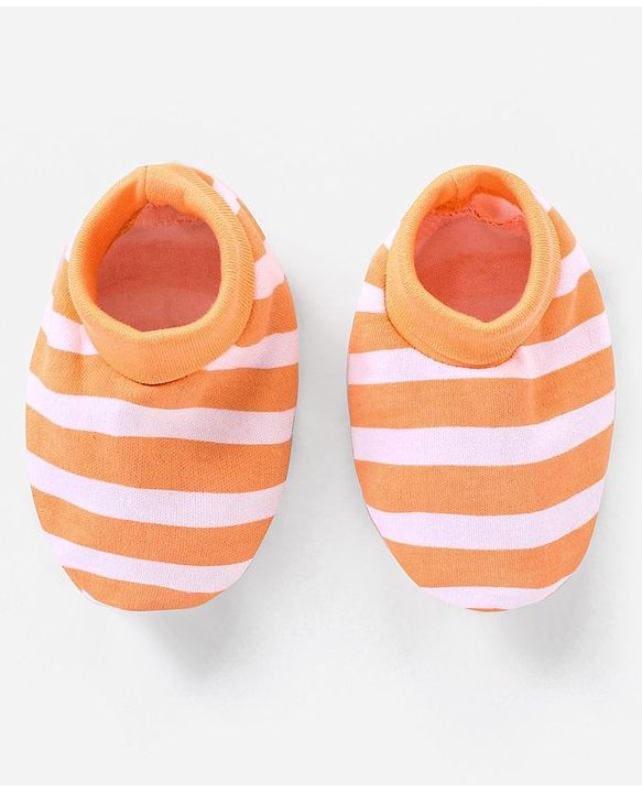 Babyhug 100% Cotton Cap Mittens And Booties Set Stripes Pattern Orange - Diameter 10 cm