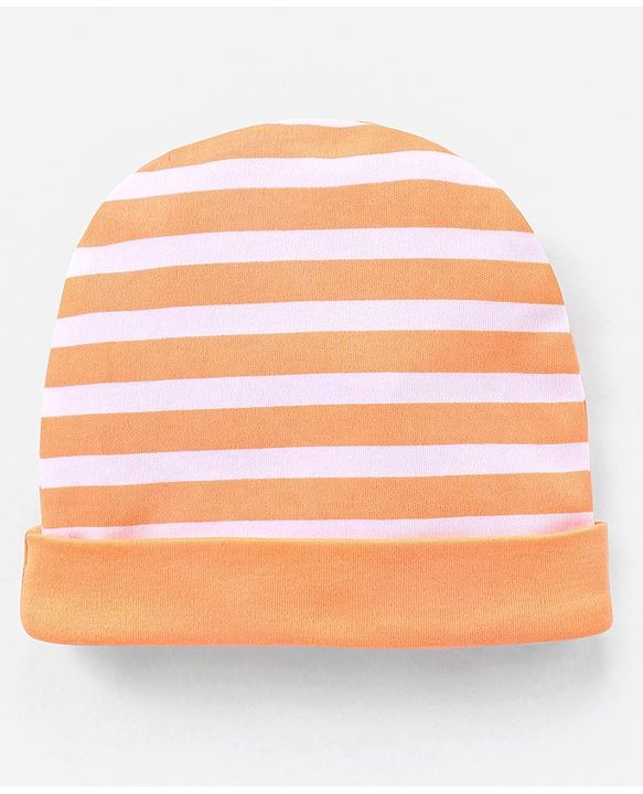 Babyhug 100% Cotton Cap Mittens And Booties Set Stripes Pattern Orange - Diameter 10 cm