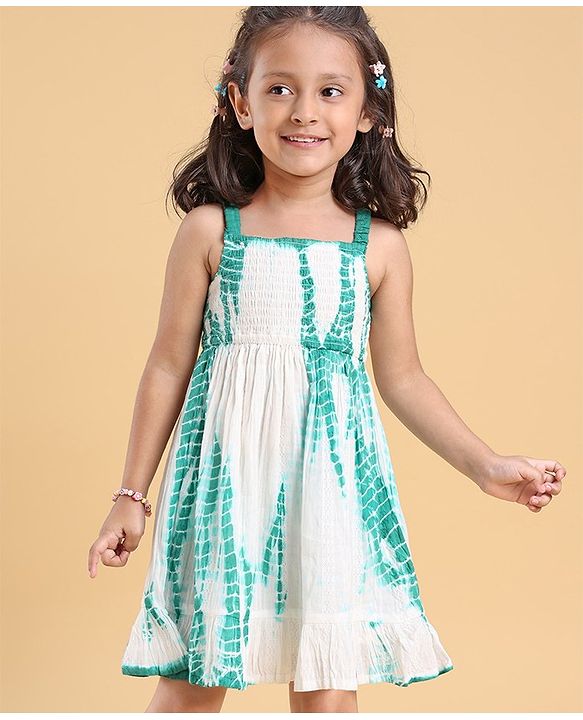 Babyhug 100% Cotton Singlet Sleeves Tie Dye Effect Dobby Frock - White