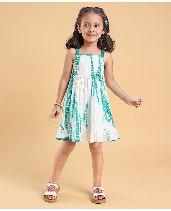 Babyhug 100% Cotton Singlet Sleeves Tie Dye Effect Dobby Frock - White