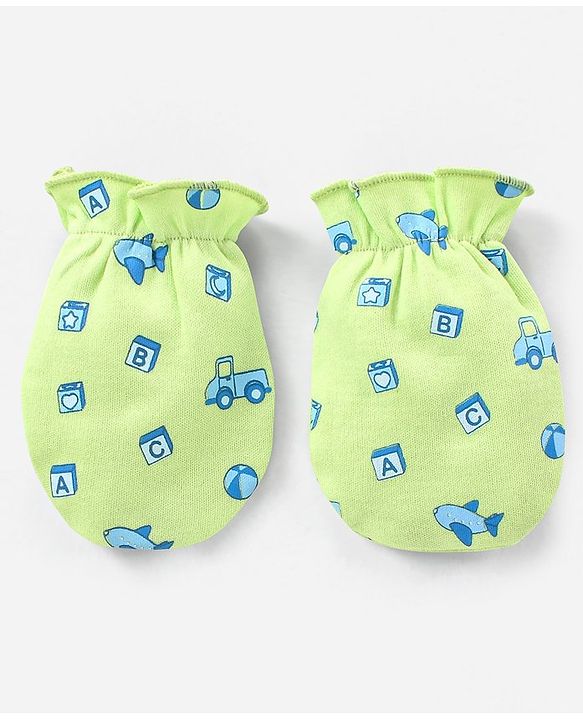Babyhug 100% Cotton Cap Mittens And Booties Set Airplane Pattern Green - Diameter 12.5 cm