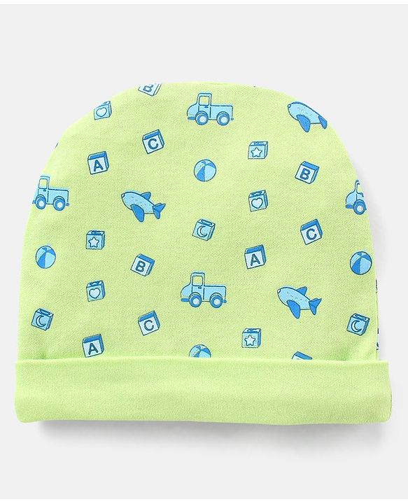 Babyhug 100% Cotton Cap Mittens And Booties Set Airplane Pattern Green - Diameter 12.5 cm