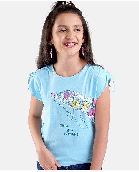 Pine Kids 100% Cotton Biowashed Short Sleeves T-Shirt Floral Dolphin Print- Blue