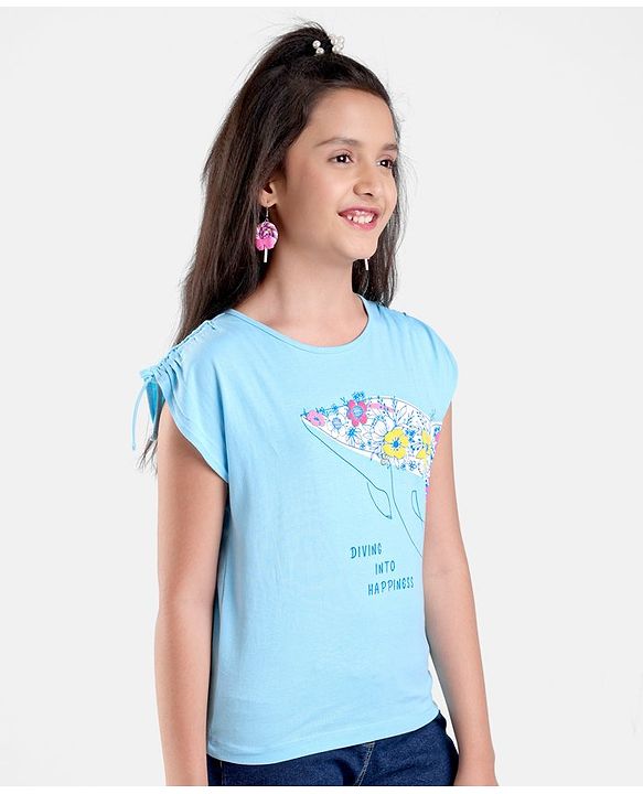 Pine Kids 100% Cotton Biowashed Short Sleeves T-Shirt Floral Dolphin Print- Blue