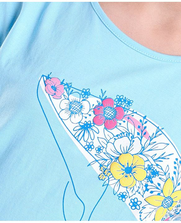 Pine Kids 100% Cotton Biowashed Short Sleeves T-Shirt Floral Dolphin Print- Blue