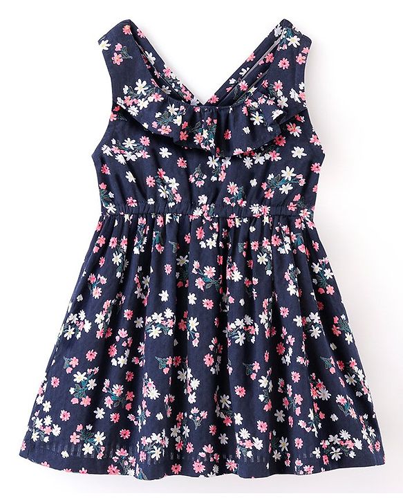 Babyhug Seer Sucker Woven Sleeveless Frock with Cotton Lining Floral Print - Navy