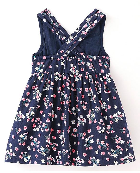 Babyhug Seer Sucker Woven Sleeveless Frock with Cotton Lining Floral Print - Navy