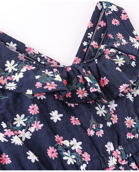 Babyhug Seer Sucker Woven Sleeveless Frock with Cotton Lining Floral Print - Navy