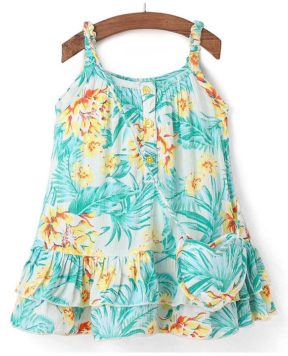 Babyhug Rayon Woven Sleeveless Frock with Sling Bag Floral Print - Blue