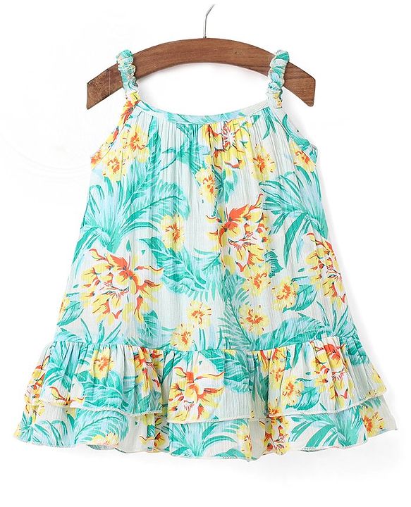 Babyhug Rayon Woven Sleeveless Frock with Sling Bag Floral Print - Blue