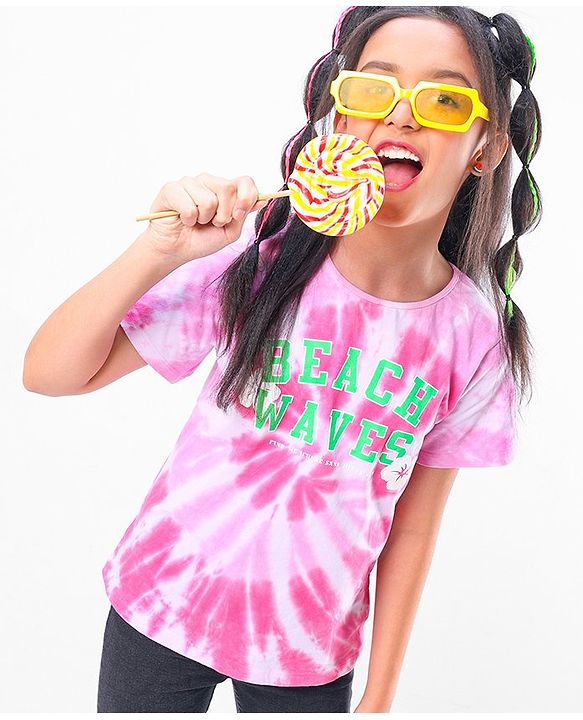 Pine Kids 100% Cotton Biowashed Half Sleeves T-Shirt Tie Dye Print - Pink