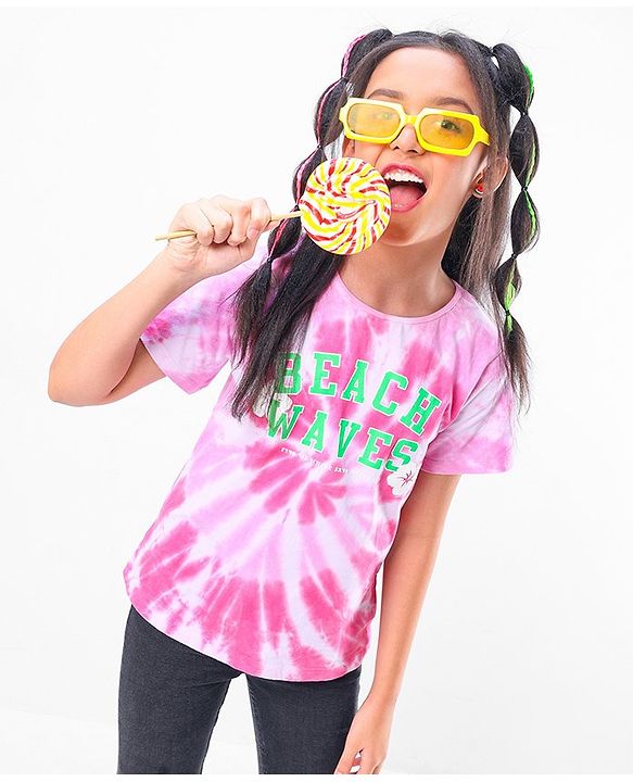 Pine Kids 100% Cotton Biowashed Half Sleeves T-Shirt Tie Dye Print - Pink