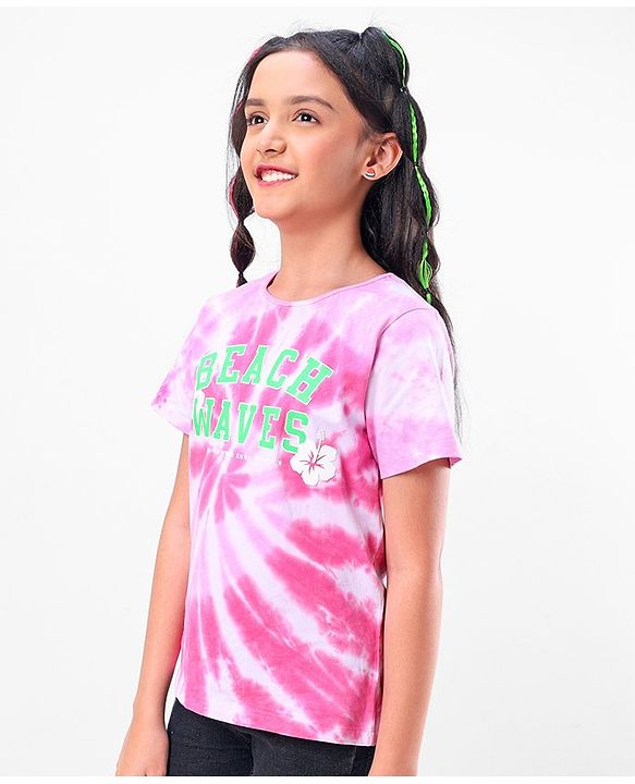 Pine Kids 100% Cotton Biowashed Half Sleeves T-Shirt Tie Dye Print - Pink