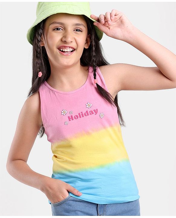 Pine Kids 100% Cotton Knit Sleeveless Bio-Washed T-Shirt Tie-Die & Text Print - Pink Yellow & Blue