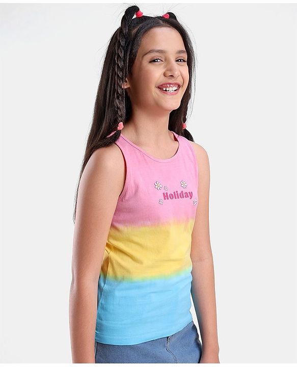 Pine Kids 100% Cotton Knit Sleeveless Bio-Washed T-Shirt Tie-Die & Text Print - Pink Yellow & Blue