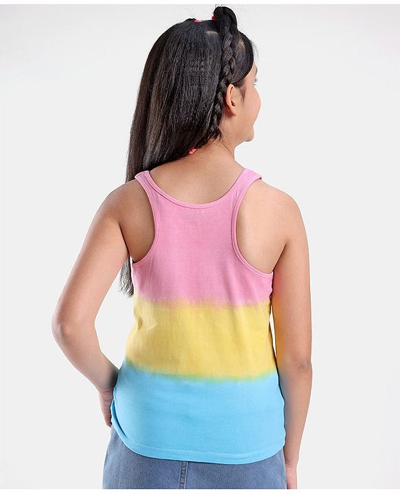 Pine Kids 100% Cotton Knit Sleeveless Bio-Washed T-Shirt Tie-Die & Text Print - Pink Yellow & Blue