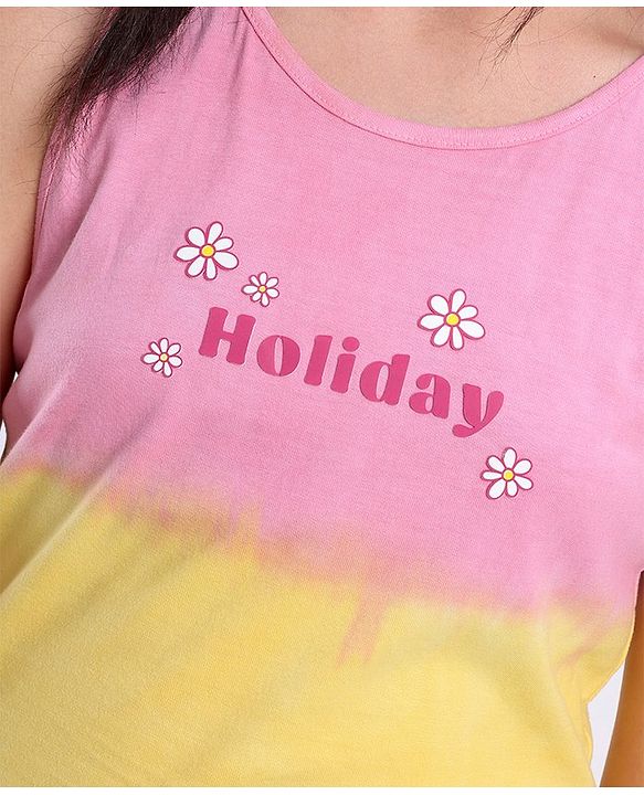 Pine Kids 100% Cotton Knit Sleeveless Bio-Washed T-Shirt Tie-Die & Text Print - Pink Yellow & Blue