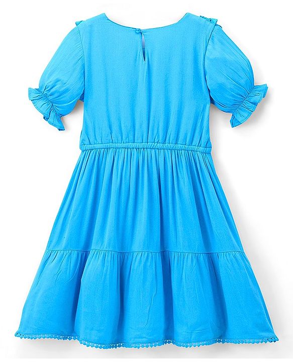 Pine Kids 100% Cotton Knit Puffed Sleeves Wrinkled Dress with Schiffli Lace Detailing - Blue