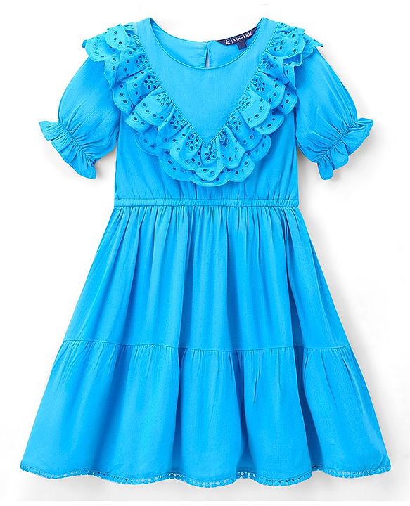 Pine Kids 100% Cotton Knit Puffed Sleeves Wrinkled Dress with Schiffli Lace Detailing - Blue