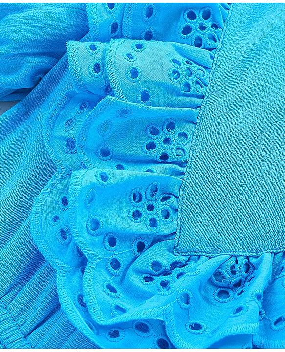 Pine Kids 100% Cotton Knit Puffed Sleeves Wrinkled Dress with Schiffli Lace Detailing - Blue