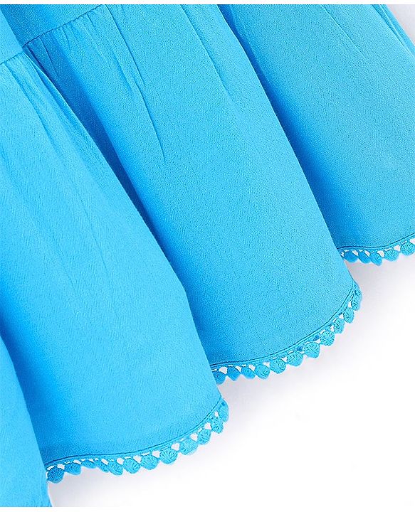 Pine Kids 100% Cotton Knit Puffed Sleeves Wrinkled Dress with Schiffli Lace Detailing - Blue