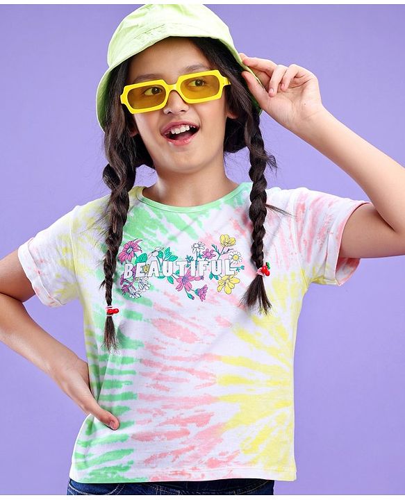 Pine Kids 100% Cotton Half Sleeves Bio Washed Tie & Dye T Shirt - White