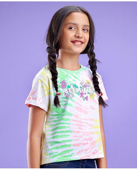 Pine Kids 100% Cotton Half Sleeves Bio Washed Tie & Dye T Shirt - White
