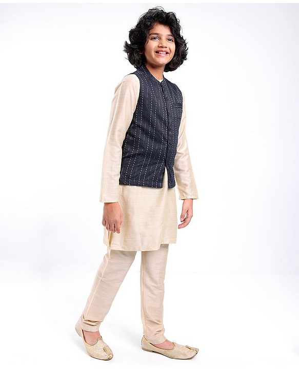 Pine Kids Full Sleeves Kurta Pyjama Set with Bandi Woven Stripes Design - Off White