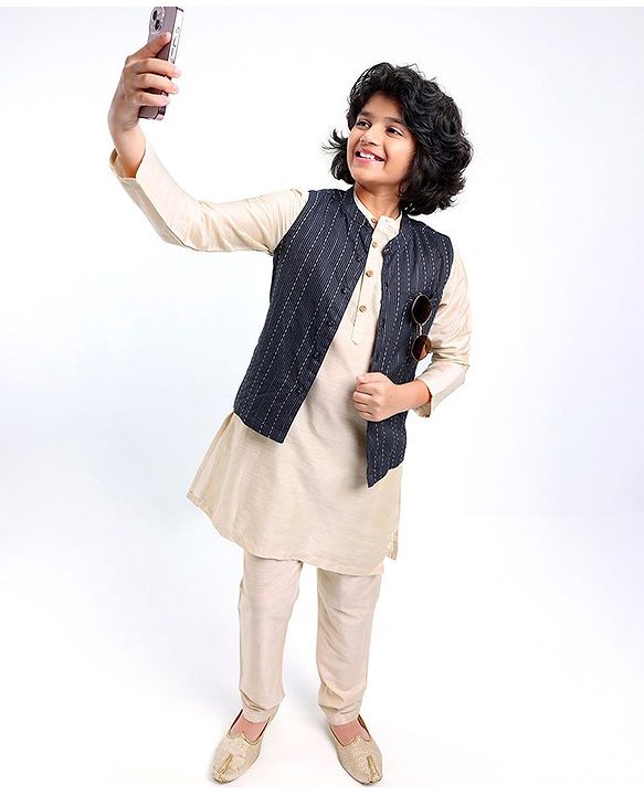 Pine Kids Full Sleeves Kurta Pyjama Set with Bandi Woven Stripes Design - Off White