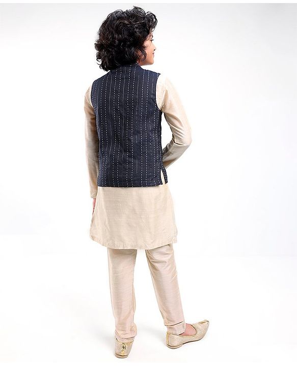 Pine Kids Full Sleeves Kurta Pyjama Set with Bandi Woven Stripes Design - Off White