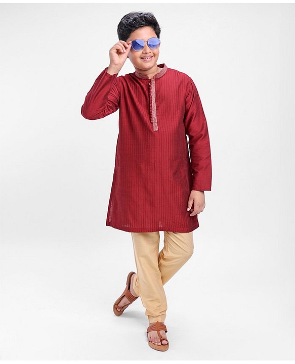 Pine Kids Full Sleeves Pintuck Kurta Pyjama Set Striped Design - Red