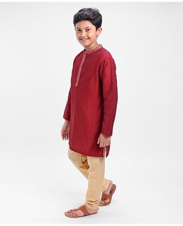 Pine Kids Full Sleeves Pintuck Kurta Pyjama Set Striped Design - Red
