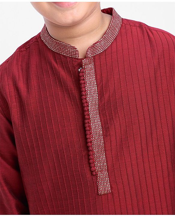 Pine Kids Full Sleeves Pintuck Kurta Pyjama Set Striped Design - Red