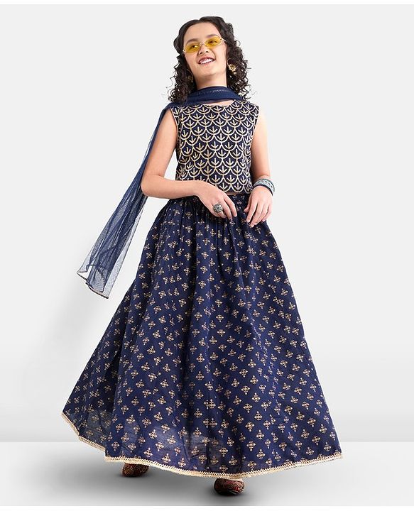 Pine Kids Viscose Sleeveless Sequin Embellished Choli & Lehenga Set with Dupatta Zari Design - Blue
